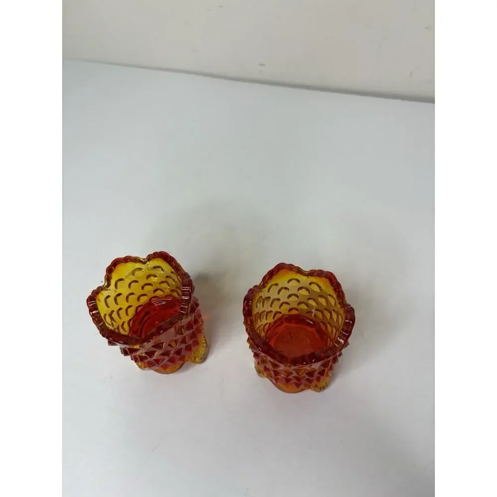 Vintage Fenton Orange Red Amberina Hobnail Footed Toothpick Holder Set of 2